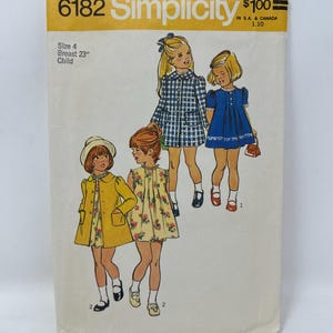 May include: A Simplicity 6182 sewing pattern envelope for a child's size 4, 23-inch breast garment. The cover features illustrations of four children wearing various outfits, including a yellow coat, a floral dress, a blue plaid coat, and a blue dress.