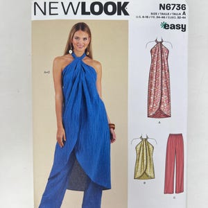May include: New Look sewing pattern N6736 for a halter-style tunic and trousers. The envelope displays a blue sleeveless tunic with a high neckline and matching straight-leg trousers. Includes size range U.S. 6-18 and easy construction level.