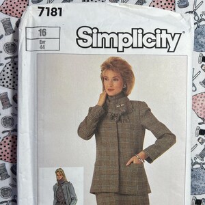 May include: Simplicity sewing pattern number 7181 for a plaid skirt suit. The pattern includes sizes 16 and 44. The pattern shows a woman wearing a brown and white plaid skirt suit with a white blouse.
