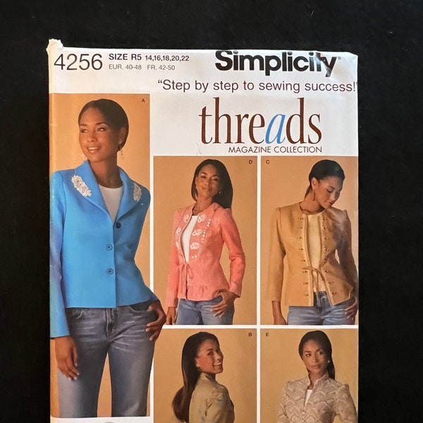 Simplicity Threads Magazine Collection Sewing Pattern 4256 Misses Lined Jackets Size 14-22 FF UNCUT
