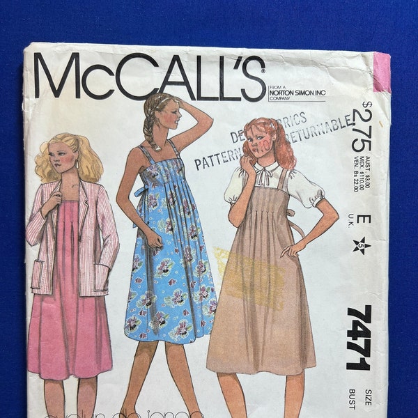 McCall's Sewing Pattern 7471 Misses' Maternity Jacket Jumper Sundress & Blouse Size 8 Bust 31-1/2 Cut Complete