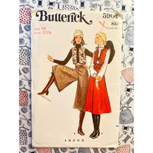 May include: Butterick sewing pattern 5906, size 10, bust 32.5 inches. The envelope features illustrations of two outfits: one with a patterned vest and culottes, the other with a red skirt and vest, both paired with tall boots.