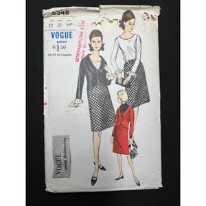 May include: Vintage Vogue pattern featuring illustrations of women's fashion designs. The pattern includes a black and white checkered skirt and jacket, a white blouse, and a red suit. The price is $1.50.