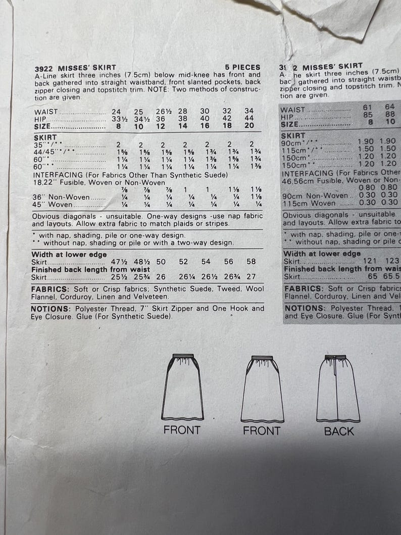 Butterick Vintage 80s Sewing Pattern 3922 Misses A Line Skirt Size 12 ...