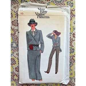 May include: A vintage sewing pattern envelope featuring illustrations of women's suits. The envelope is labeled "Very Easy Vogue Patterns" with the size 10 and the number 7277. The suits are in shades of gray and brown.