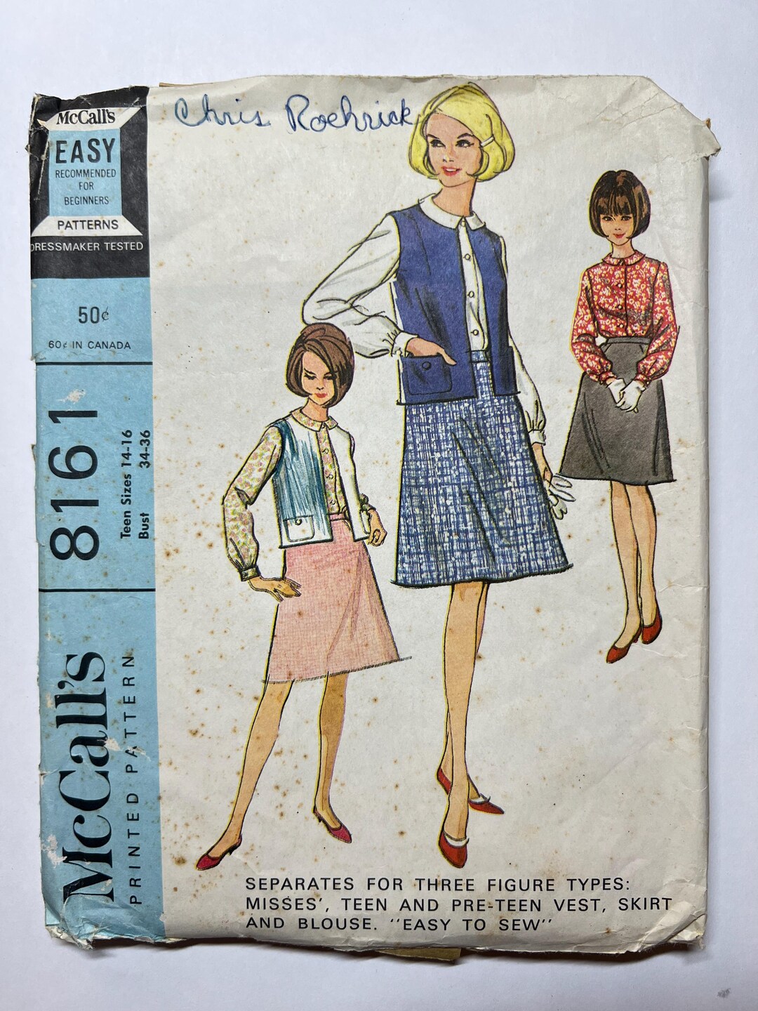 Mccall's Sewing Pattern 8161: Teen Vest Skirt & Blouse Size Teen 14-16 ...