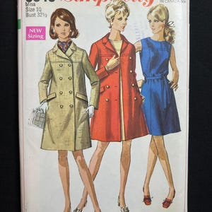 May include: Vintage Simplicity sewing pattern, size 10, bust 32 1/2 inches. The cover features illustrations of three women in stylish dresses and coats. The pattern number is 8043, with the price of 85¢. The cover is off-white with a green and red border.