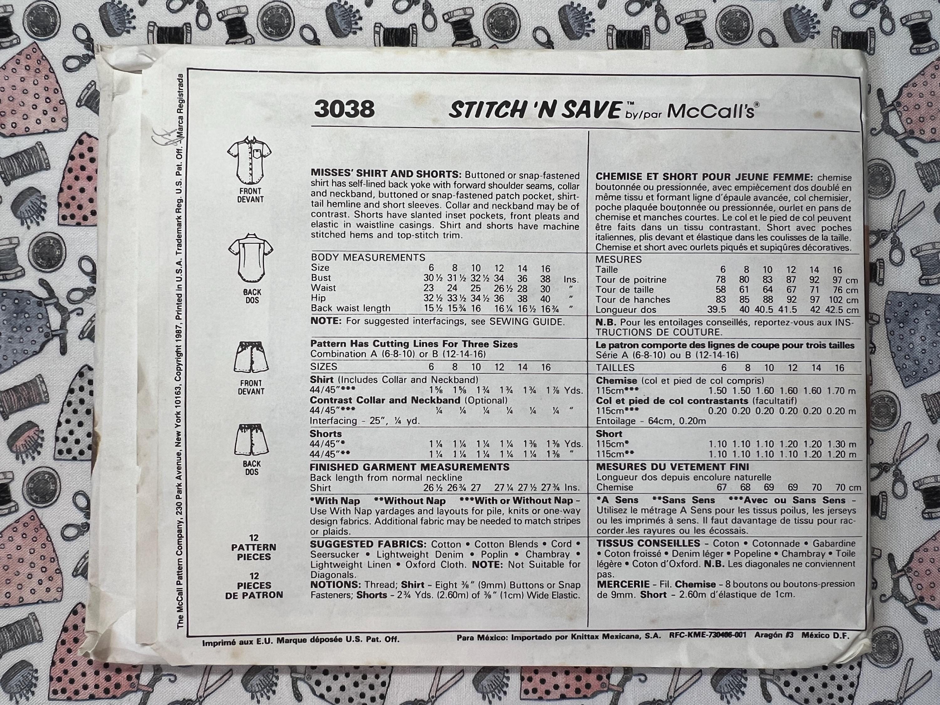 Mccall's 3038 Sewing Pattern: Misses' Shirt and Shorts (size 6-10 ...