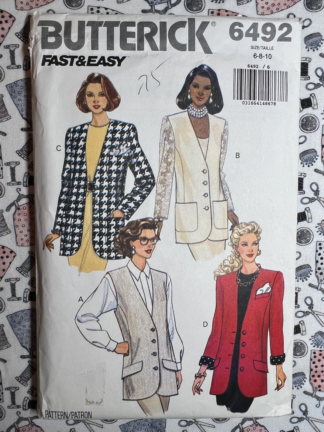 Butterick Sewing Pattern 6492 Misses' Vest & Jacket Size 6-10 FF UNCUT ...