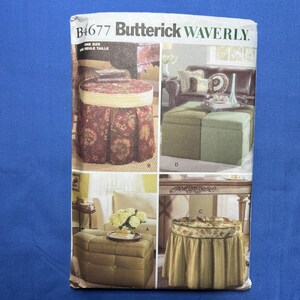 May include: A product catalog featuring various upholstered ottomans. The ottomans showcase diverse designs, including floral patterns, pleated skirts, and button-tufted details. The catalog's header reads "B4677 Butterick Waverly" with "ONE SIZE" text.
