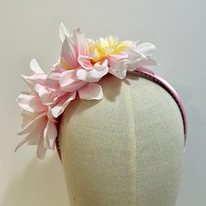 Pink Floral Fascinator Headband | White Pink Yellow Flowers | Satin Hair Accessory for Weddings, Races, Garden Parties, Events, Ladies hats