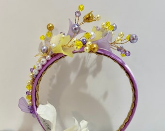 Lilac Satin Headband: Beaded Floral Hair Accessory