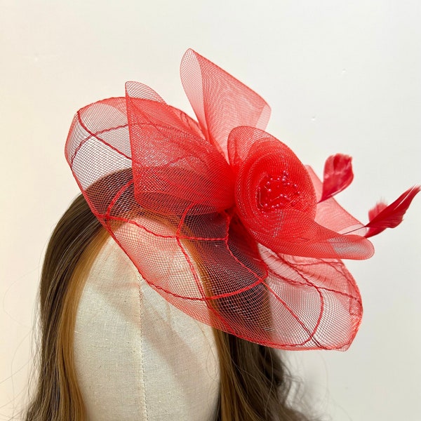 Red Fascinator, Birdcage veil, ladies hats, Clip on Fascinator, flower head piece, church hats, Red weddings, classic, Red headband,