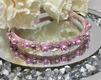 Pink Crystal Embellished Headband, soft pink, Rhinestones, Flower Girl, bridesmaid, Pink Flowers, shiny headband, slim headband,