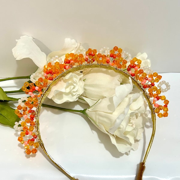 Orange Headband, Halo, hair Crown, crystal headband, flower headband, weddings, bridesmaids. Ornate, hair accessories, Orange Crown, flora