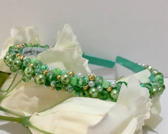 Mint Green Headband, embellished Headband, Ornate green hair band, green and Gold, Spring colours, soft Green jewelled headband, weddings.