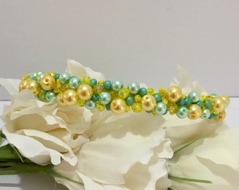 Yellow Mint Green embellished Ornate headband, jewel headband, bright yellow Hairband, Hair accessories, Garden parties, weddings, on trend