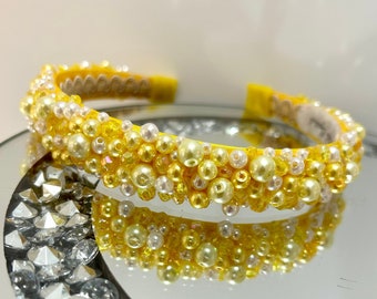 Yellow Headband Bright Yellow beaded headband Yellow and Pearls embellished hairband crystal hair piece spring colours hair accessories