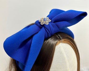 Blue Headband, Royal Blue Bow Headband, Oversized Bow, Embellished hairband, School Prom, unique statement head piece, Elegant. Weddings
