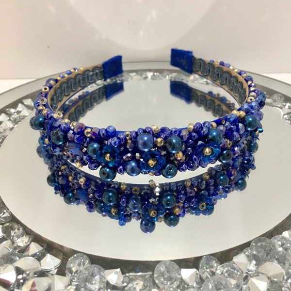 Serre-tête or bleu, serre-tête orné de cristaux, bleu roi, bleu marine et or, serre-tête fantaisie, fête, serre-tête strass