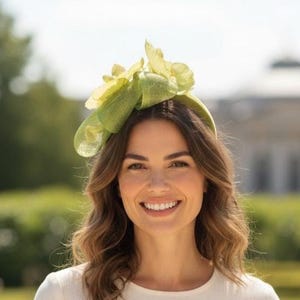Olive Green Fascinator Headband with Orchid Flowers, Crinoline Hatinator for The Races, Wedding Guest Statement Headpiece