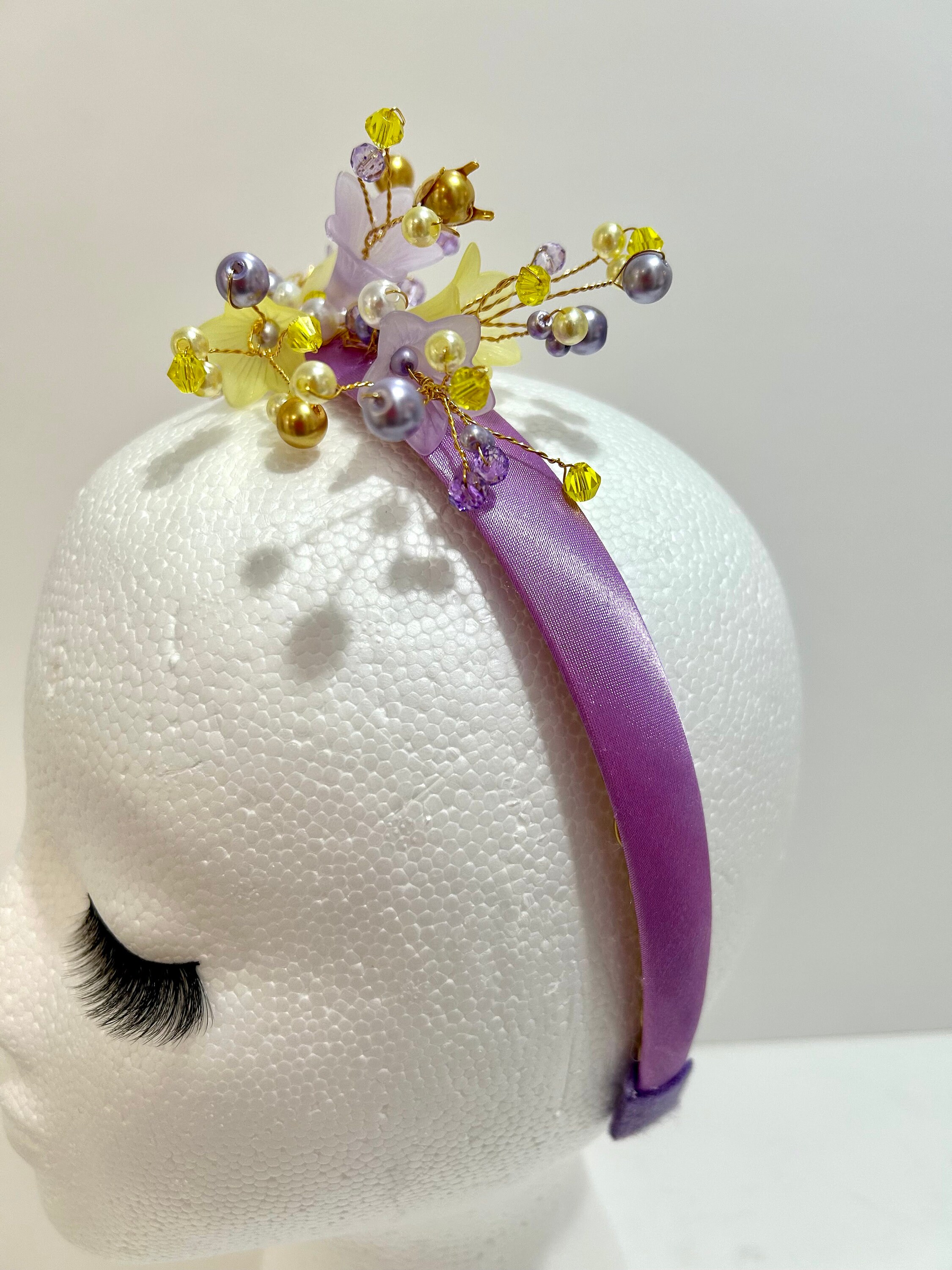 Luxurious Floral Beaded Headband in Purple and Gold Lilac Satin Headband: Beaded Floral Hair Accessory - Etsy main image 2