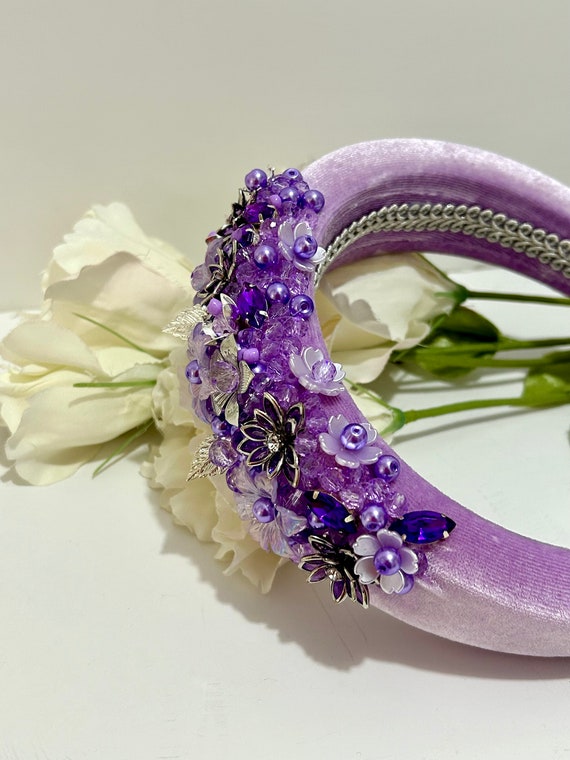 Purple Velvet Padded Headband: Lilac Crystal Floral Crown - Etsy display picture 1