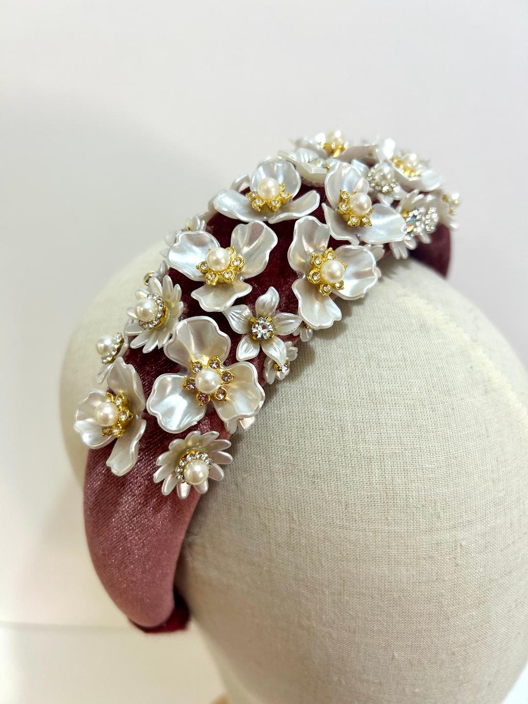 Pink Velvet Headband with Floral and Pearl Accents Dusty Pink Velvet Padded Headband: Pearl & Crystal Flowers  main image 2