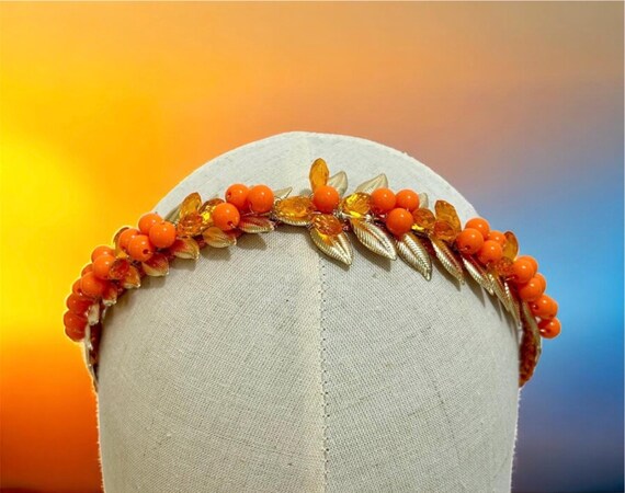Orange Beaded Gold Leaf Headband: Handmade Crystal Boho  display picture 2