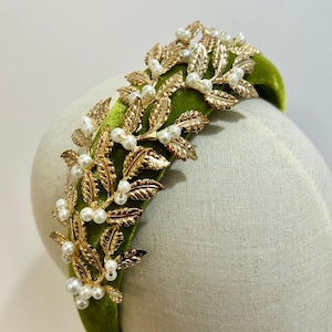 Green Gold Pearl, Olive Velvet Padded Headband | Luxury Statement Crown | Wedding Guest Hair Accessory | Elegant Couture Headpiece, MOB hair