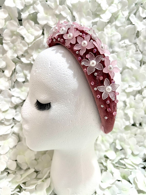 Pink Flower Headband: Velvet Padded Pearl Hair Accessory - Etsy display picture 2