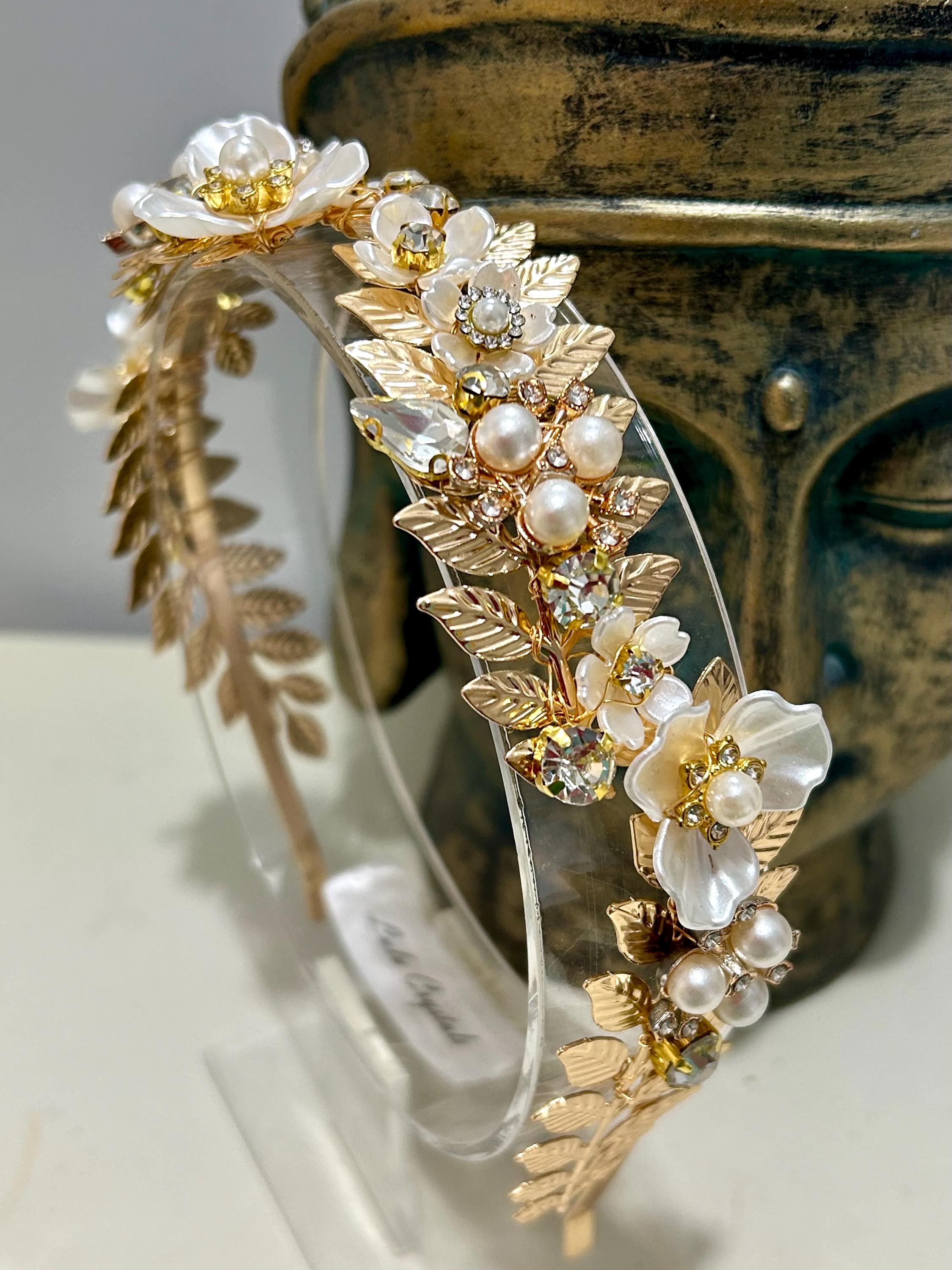Gold Leaf Pearl Headband: Crystal Flower Statement Headwear  display picture 3