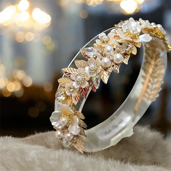 Elegant Gold and Pearl Leaf Headband Amazon.com : Campsis Wedding Bride Pearl Headpiece Golden  main image 3