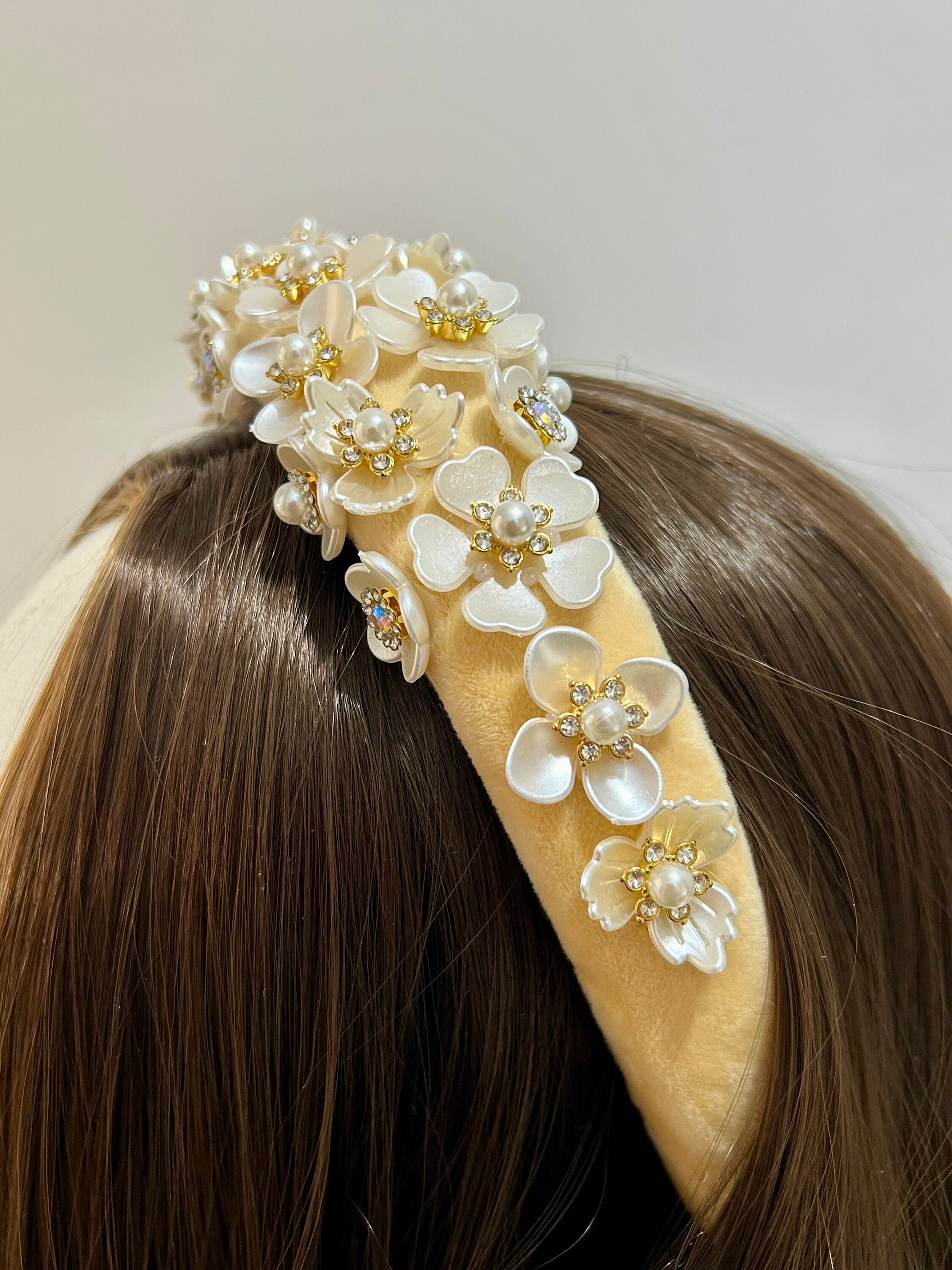 Cream Fabric Headband, Gold Pearlized Floral Headwear - Etsy display picture 3