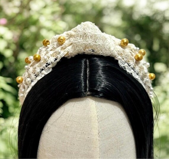 Cream Lace Top Knot Headband: Pearl & Gold Beaded Crystal  display picture 2