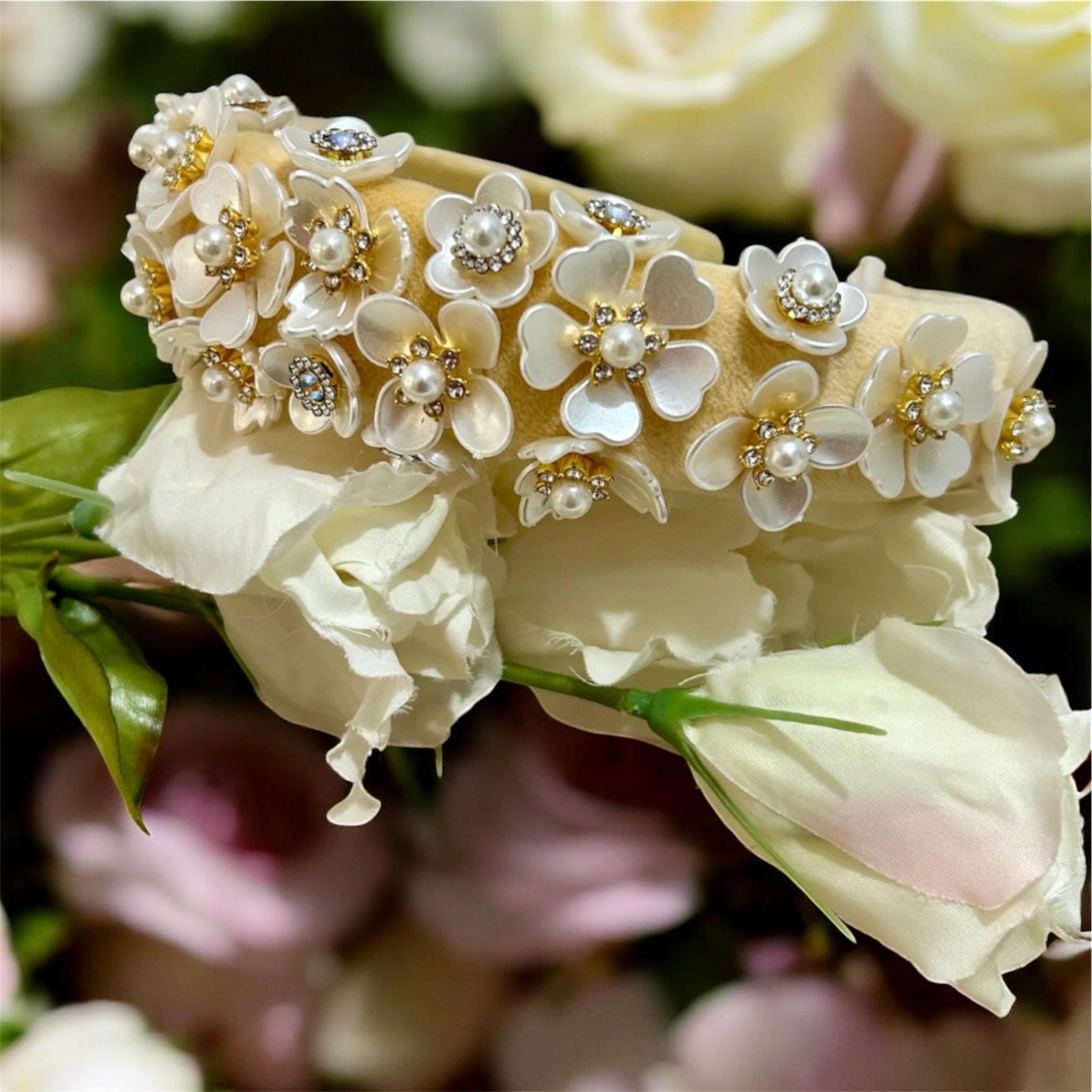 Cream Fabric Headband, Gold Pearlized Floral Headwear - Etsy display picture 2