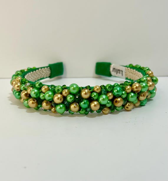 Green & Gold Beaded Headband: Satin Crystal Embellished  display picture 3