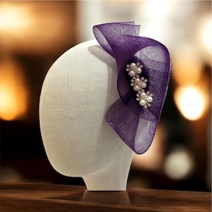 Purple Crinoline Fascinator: Gold Pearl Jeweled Hair Clip - Etsy display picture 2