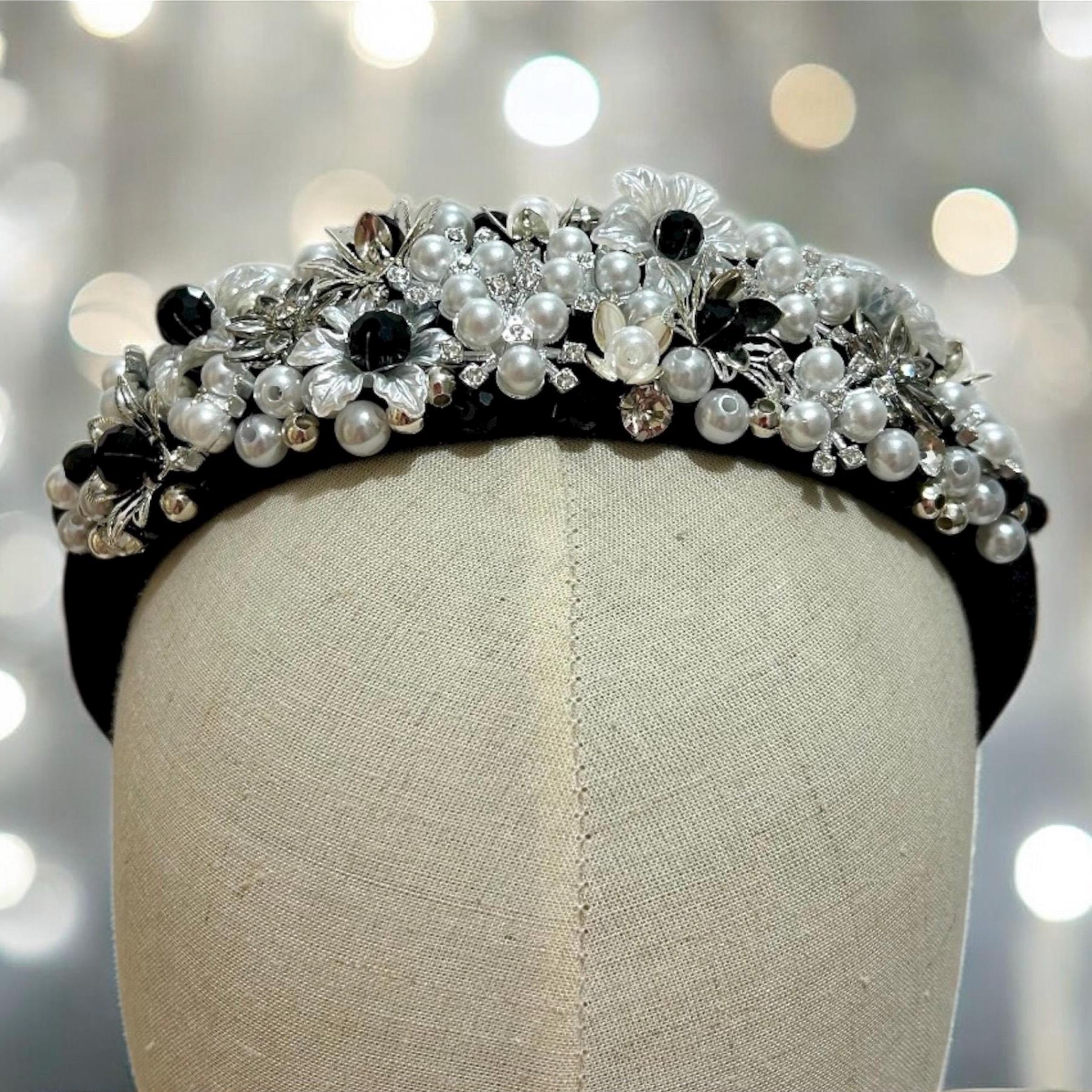 Black Velvet headband with pearl and crystal black-pearl-headband-velvet-  main image 3