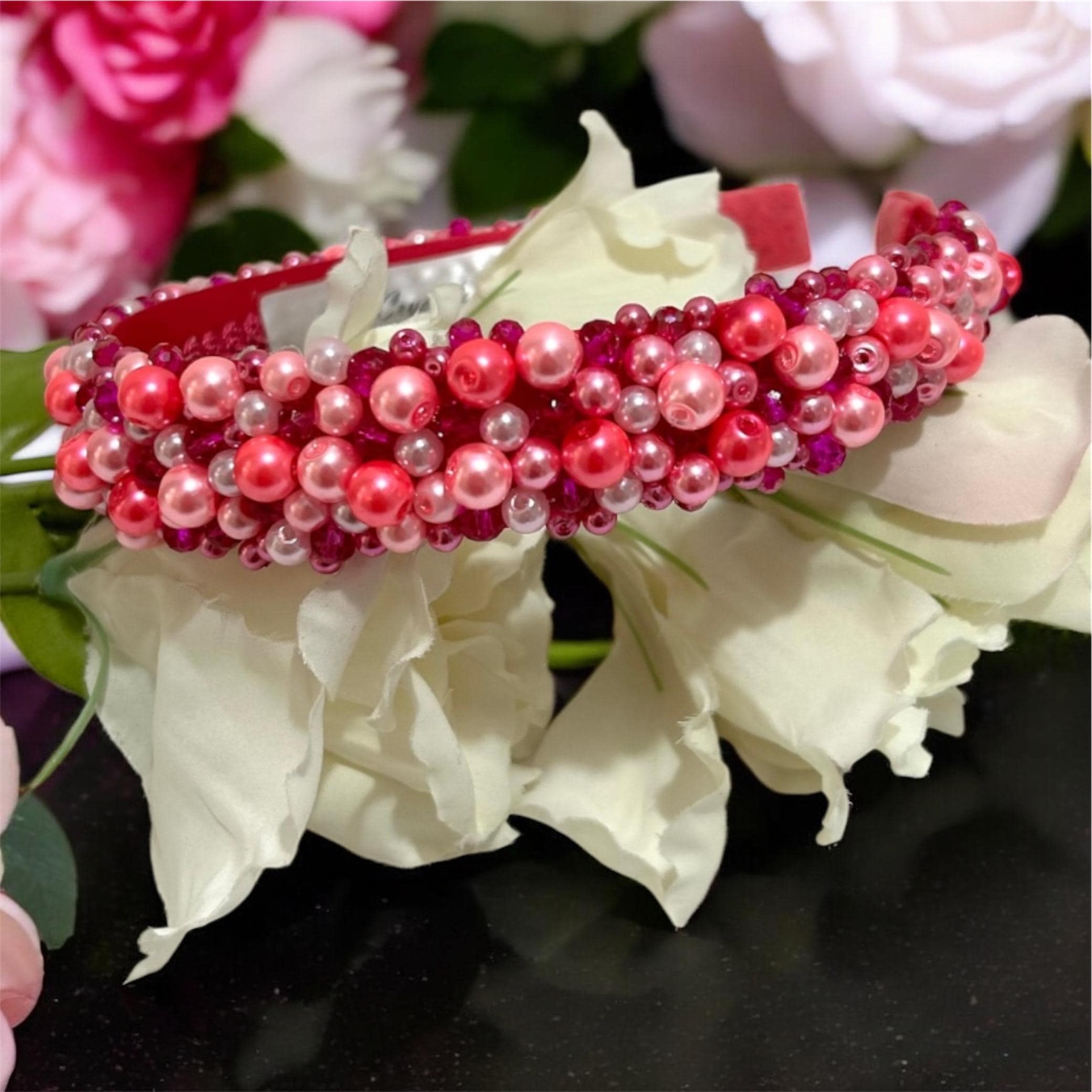 NEW Elegant Pink Pearl-Studded Embellished Headband White Pearl Rhinestone Crystal Headband for Women - Elegant  main image 2