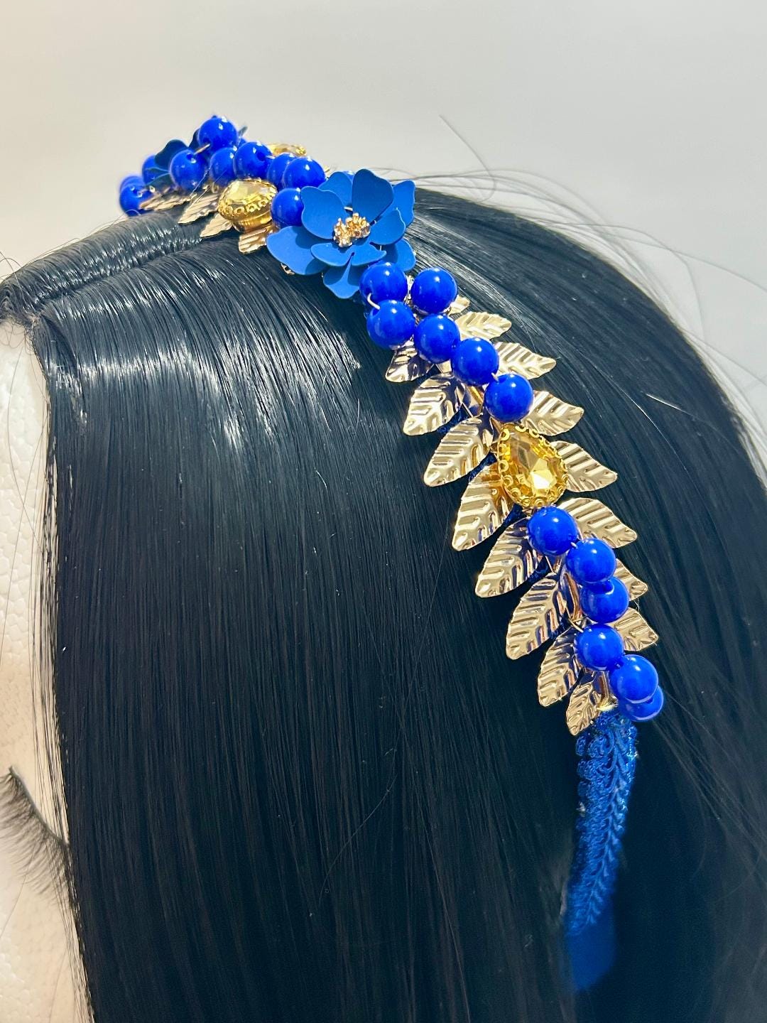 Blue & Gold Beaded Flower Headband: Royal Boho Headwear - Etsy display picture 2