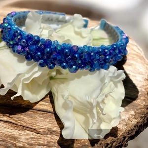 Blue & Gold Beaded Flower Headband: Royal Boho Headwear - Etsy display picture 2