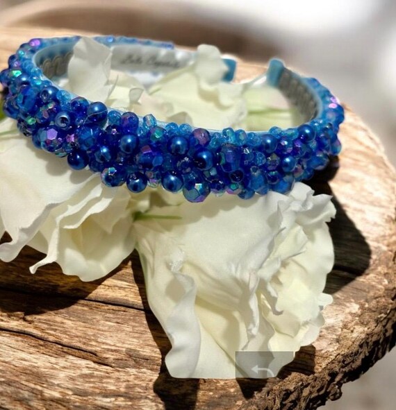 Blue Crystal Beaded Headband: Embellished Satin Hairband - Etsy