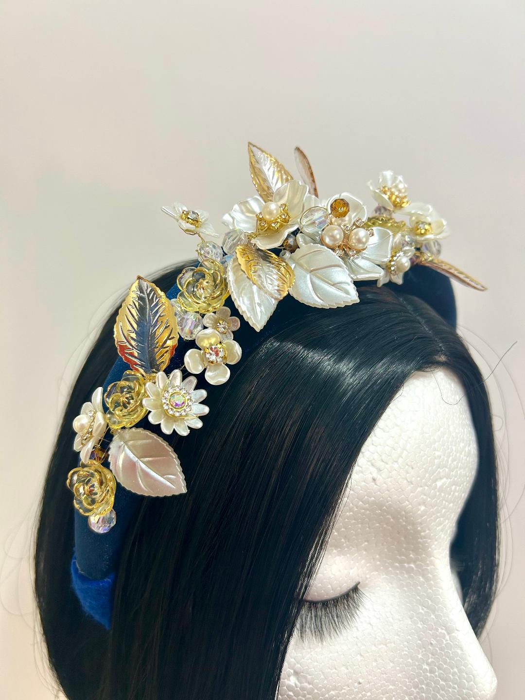 Luxury Navy Velvet Headband: Pearl, Crystal, & Gold  display picture 3