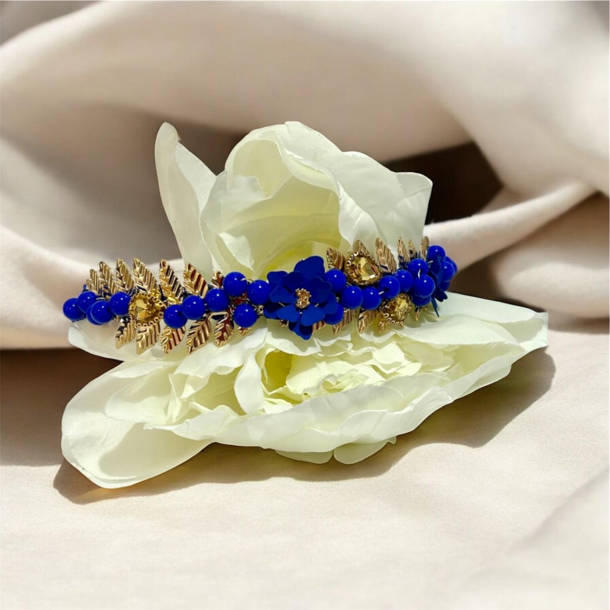 Blue and Gold Floral Beaded Headband Hand Sewn Seed Beads Headband, Embellished Headband, Beaded  main image 4
