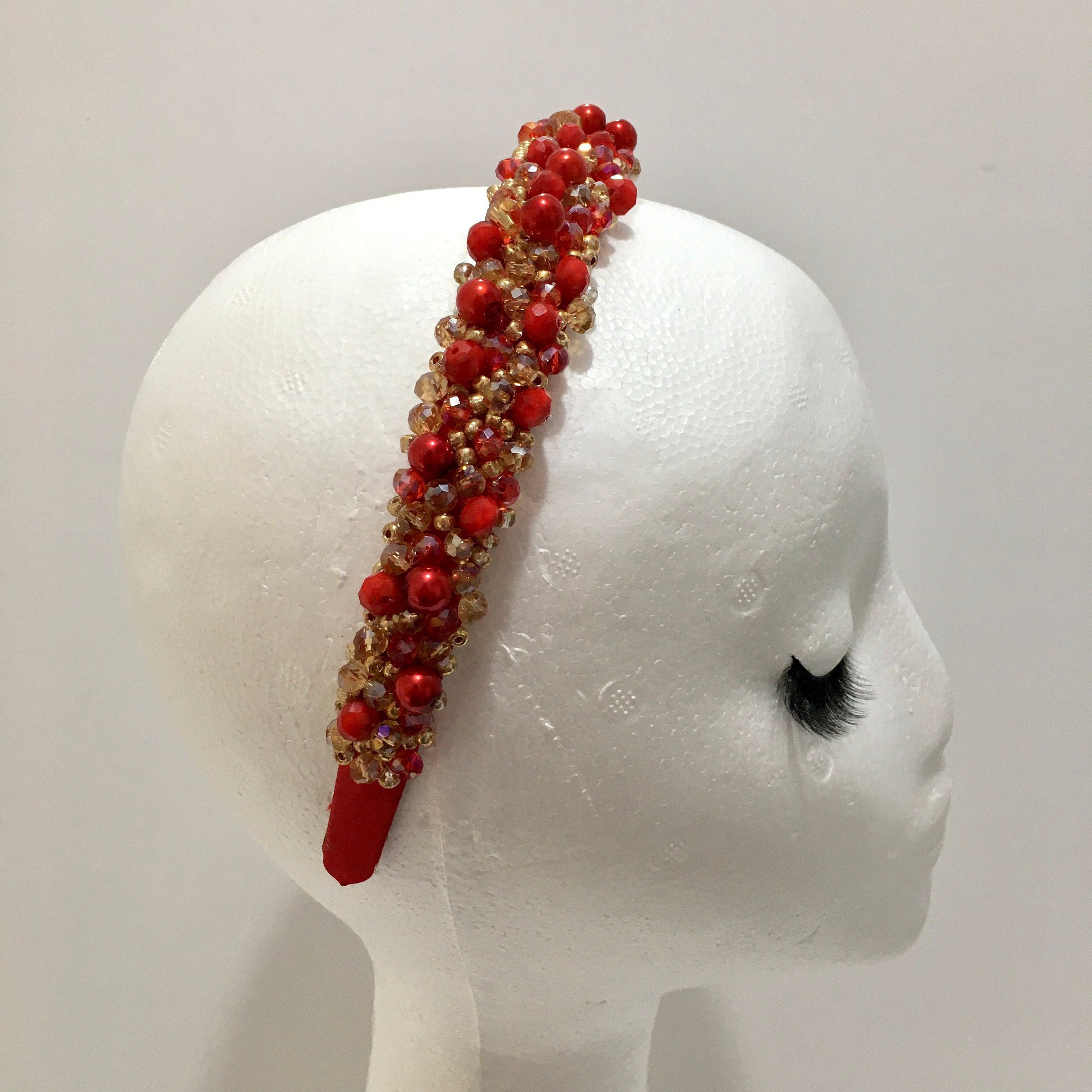 Elegant Red and Gold Embellished Headband Red & Gold Beaded Headband: Elegant Bridal Hair Piece - Etsy main image 2