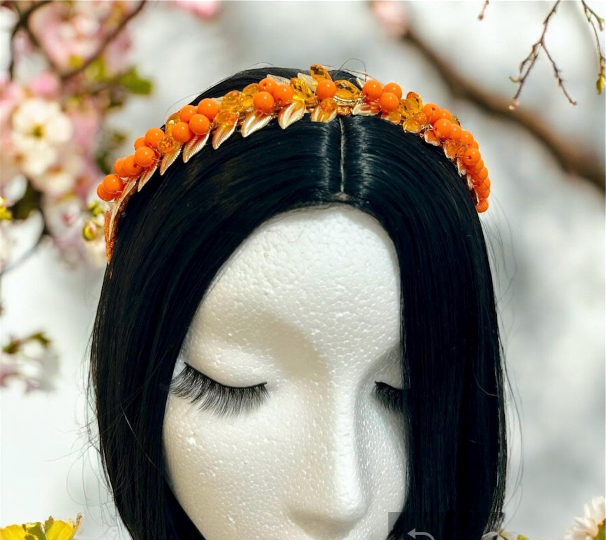 Orange Beaded Gold Leaf Headband: Handmade Crystal Boho 