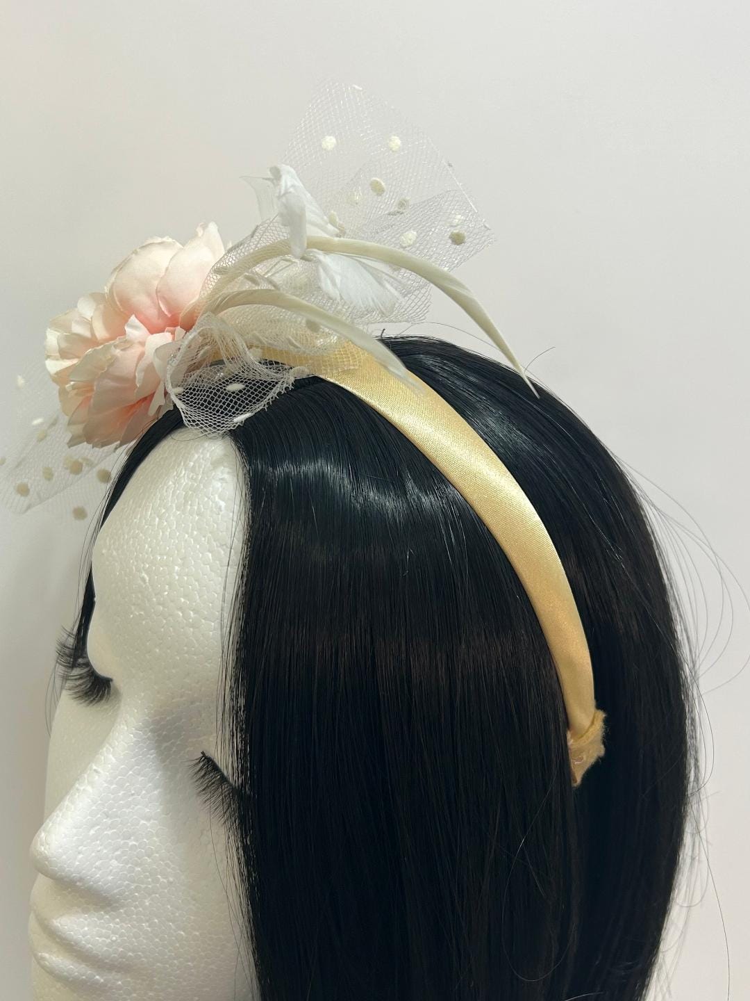 Cream Peach Flower Fascinator: Pearl & Feather Wedding  display picture 2