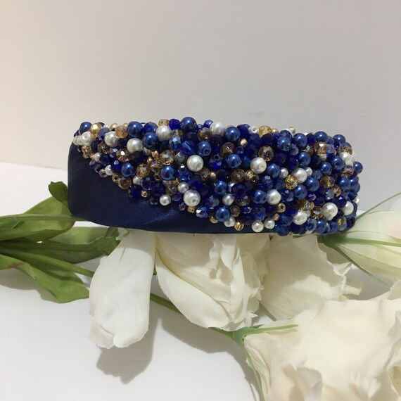Navy Blue Beaded Headband: Crystal & Pearl Embellished  display picture 1