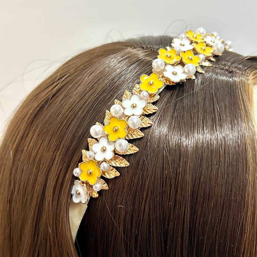 Custom made Headband. Yellow with Crystal pearl daisy design . New w/o tags Amazon.com : Totelux Daisy Headband Yellow Embroidery Flower  main image 2